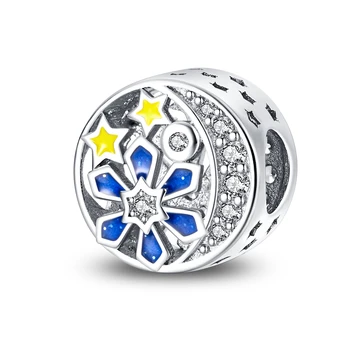 Krásne 925 Sterling Silver Blue Snowflake Žltá Hviezda Kúzlo Fit Pandora Náramok dámske Zimné Narodeniny Šperky Darček