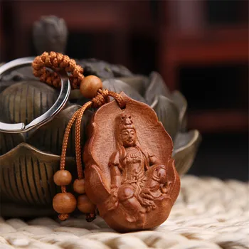 Prírodné drevo mahagón troch-dimenzionální rytie Guanyin barel keychain Buddha krúžok na šperky, darček pre mužov a ženy 1pc
