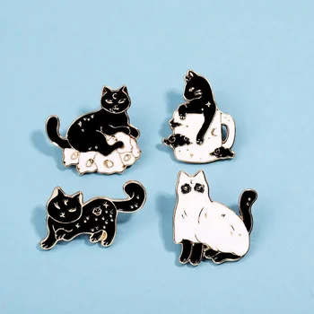 Kreatívne Gotická Čierna Biela Mačka Smalt Brošňa Cartoon Zvierat Mesiac Mačka Preklopke Kolíky Odznak Módne Ženu Šperky, Dekorácie, Darčeky