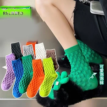 Moderné Ženy Móda Bublina Ponožky Pevné Candy Farby kórejský Štýl Kpop Retro Street Fashion Harajuku Dlho Bavlna Polovice trubice Ponožky