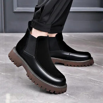 muži móda jeseň zimné topánky krava semiš kožené topánky strany, spoločenské šaty kovboj platformy robustný boot členok chelsea botas muž
