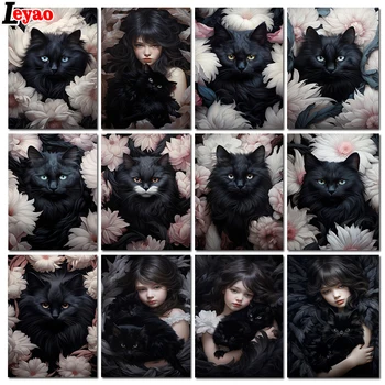 Čierne Chlpaté Mačky Medzi Kvety Plné Námestie Kolo 5D Diamond Maľovanie Auta Mačky a Dievčatá DIY Cross Stitch Mozaiky Domova
