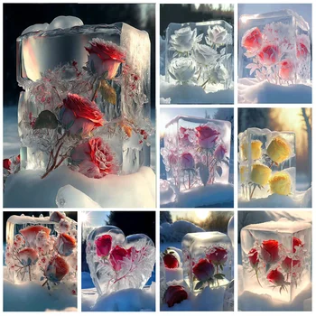Ice Mrazené Kvety Diamond Maliarske Umenie Nový Príchod Fantasy Červené Ružové Ruže Scenérie Mozaiky Cross Stitch Crystal Darček Decor WE481