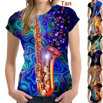 Móda Ženy Saxofón Grafické Tlače Krátke Rukávy T-Shirt O-krku Vtipné Tričká Top Jazz Tričko Žena Oblečenie