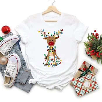 Vianoce, Nový Rok Zimnej Sezóny Roztomilý Elk Tlač Tshirts Vianoce Cartoon Trend Oblečenie Grafické Ženy Muži Nadrozmerné T-shirt Camisetas
