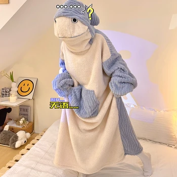 Zimné Krásne Šaty Pre Ženy, Mužov Nightgown Sleepwear Zahustiť Kapucňou Noc-župan Zábavné Shark Domáce oblečenie Pijamas Župan oblečenie pre voľný čas