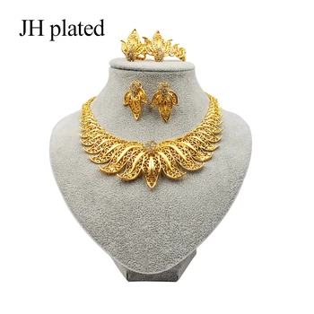 JHplated 2019 Nové Dubaj Módne šperky sady Afriky Zlatá farba svadobné dary strana pre ženy Ornament Náhrdelníky náušnice, prsteň