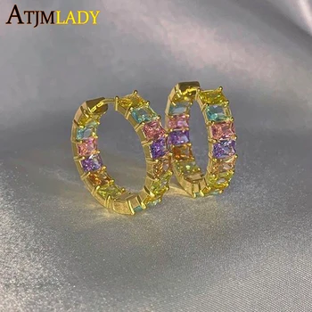 rainbow cz hoop náušnice pre lady módne šperky farebné námestie cubic zirconia ružová pinky pastel luxusné Zlaté vyplnené náušnice