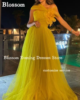 Moderné Dievča Žltá Jeden-ramenný Prom Šaty A-line Tylu 3D Kvet Večerné Šaty Formálne Party Šaty vestidos para mujer