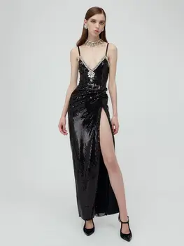 Ailigou 2023 Nové dámske Čierne Sexy tvaru bez Rukávov Členok Dĺžka Luxury Diamond Sequin Tesné Šaty Elegantné Party Šaty Vesidos