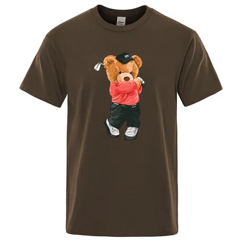 Strýko Teddy Bear Hrá Golf Print T Shirt Muži Fashion Tričko Oblečenie Bavlnené Letné Bežné Krátky Rukáv Hip Hop Voľné Bavlnené Tričko