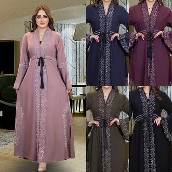 Ženy v Moslimských Abayas Plus-veľkosť dámske Šaty Horela Dlhý Rukáv Voľné Maxi Šaty Žena Bežné Pevné Abaya Vestidos Krajky-up Župan