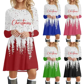 Roztomilé Vianoce Elk Tlač Šaty Pre Jeseň Fashion Dlhý Rukáv Voľné A-Line Šaty Bežné Ženy Party Šaty 2023 Zimné Oblečenie