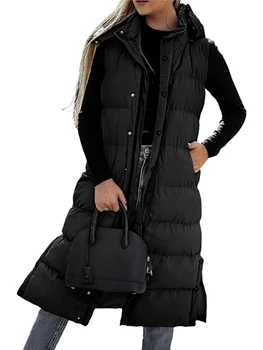 Ženy Dlho Puffer Vesta bez Rukávov Zips s Kapucňou Prešívaná Vesta Teplé Zimné Vatovaný Kabát Bunda s Vrecku Gilet Outwear