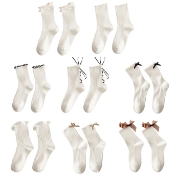 Lolit Ponožka JKSock Čipky Krátke Ponožky Pre Ženy Naberaný Prehrabať Ponožka Biela Ponožka