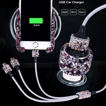 Drahokamu Crystal Auto Cigaretový Zapaľovač Rýchle Nabíjanie 3 v 1 USB Dátový Kábel Pre iPhone Android Micro Typ C Mobilný Telefón Káble