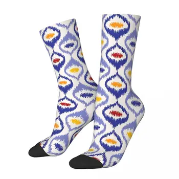Ikat Vzor Modré Ogee Tvary Geometrické Unisex Zimné Ponožky Teplé Ponožky Happy Street Štýl Crazy Ponožka
