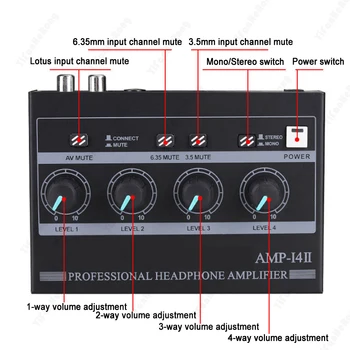 Ultra Kompaktný Slúchadlový Zosilňovač, 4 Kanály Audio Silný Fáze Štúdio S Napájacím Adaptérom Stereo Mixer Nízke Skreslenie Splitter