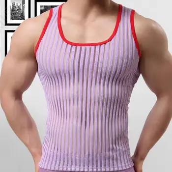 Letné Mens Undershirts Bez Rukávov Pruhované Tričká Farbou Vesta Mužského Oka Sexy Transparentné Tees Klesnutie Tričko Muži Nosiť Sexy