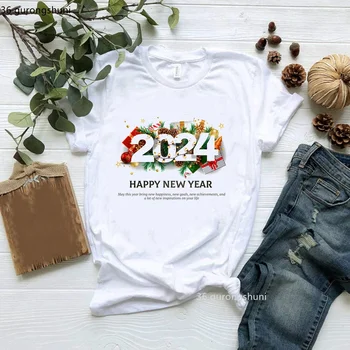 Crystal Číslo Dobrý Deň 2024 Šťastný Nový Rok T-Shirt Ženy Oblečenie Ženské Oblečenie Rodinnú Oslavu Krátky Rukáv T-Košele, Topy